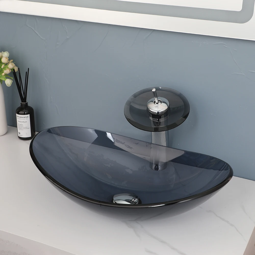 KEMAIDI Bathroom Vessel Sink Oval Glass Vessel Sink with Waterfall Faucet Tap Tempered Glass Bathroom Sink Above Counter