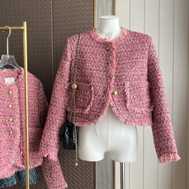 

Fashion Autumn New Tweed Weaving Small Fragrant Wind Tassel Temperament Jacket Women Chic Vintage Single-breasted Coat Female