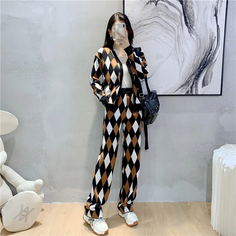 Spring Plaid Sweater 2 Piece Sets Women Knitwear Cardigan Suits Knitted Wide Leg Pants Outfits Fall Korean Sueter Loose Conjunto