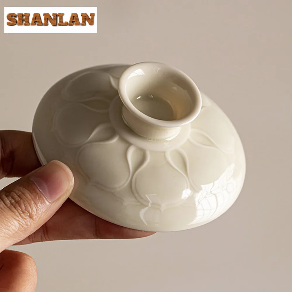 130ml Chinese Ding Kiln White Gaiwan Luxury Lotus Petal Tea Tureen Base Tea Brewing Cover Bowl Holder Teaware Supplies Craft