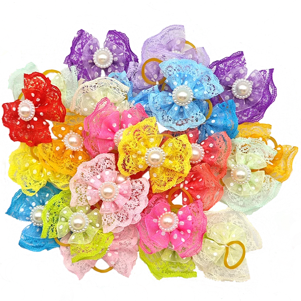 

100 Pieces Double Layer Lace Hair Bows For Small Dog Cute Pet Grooming Hair Clips Puppy Hair Accessories With Rubber Band