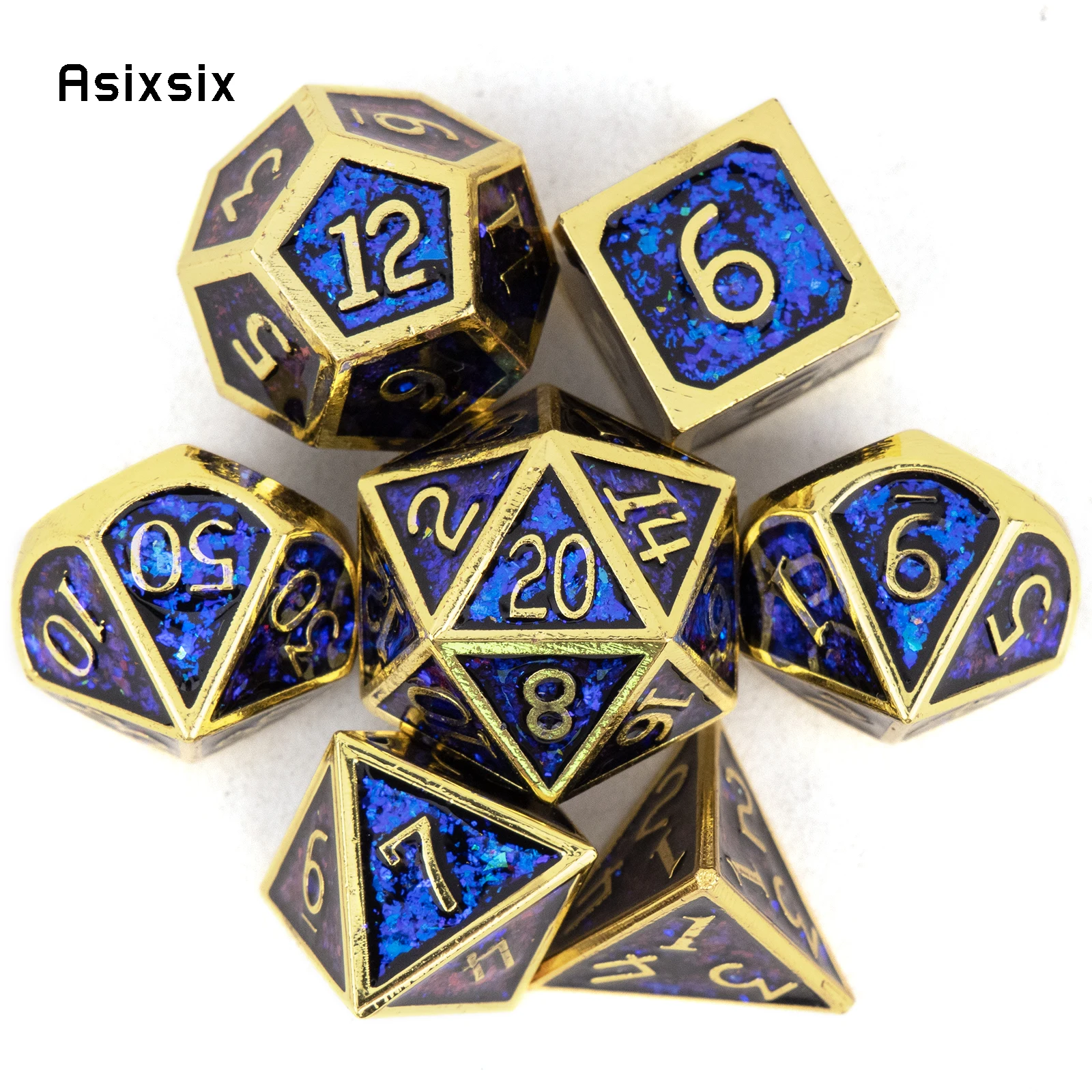 

7 шт., голубые и золотые металлические кости