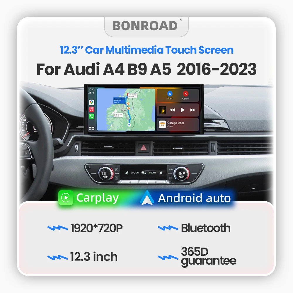 BONROAD Reproductor de radio para coche con CarPlay inalámbrico de 12,3 pulgadas, 1920 x 720P, pantalla táctil multimedia, Android Auto para Audi A4 B9 A5 2016-2023 con AirPlay Auto Link, Bluetooth 5,0, navegación GPS 1