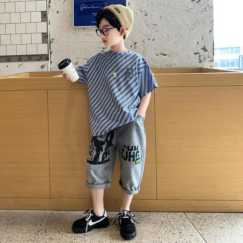 

Boy Clothes 2022 Summer Teenage Casual Cotton Stripe T-Shirt + Casual Cartoon Jeans Fashion 2 Piece Set Youth Sports Suit 4-12Y