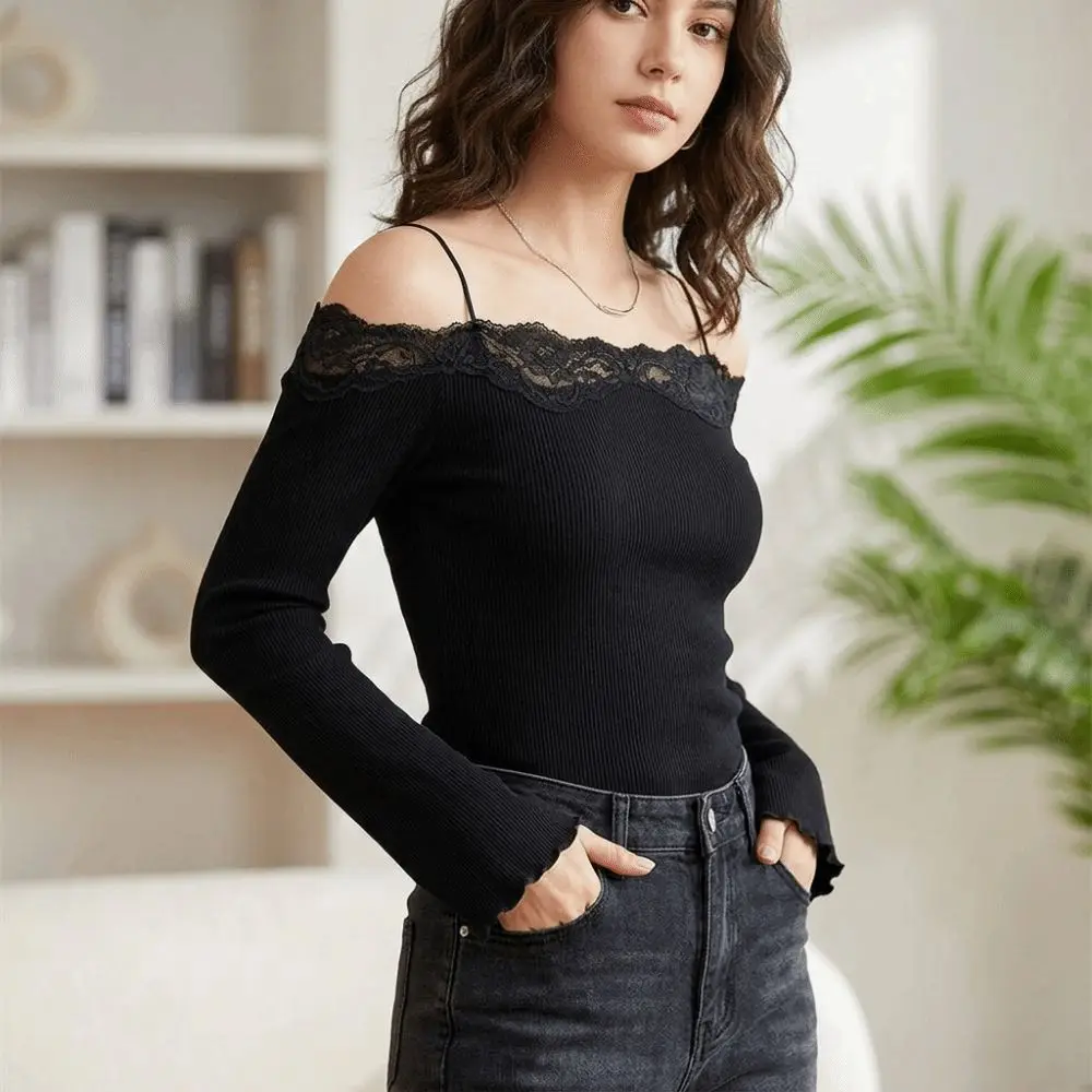 Modisches Spitzenbesetztes Off-Shoulder-Top Figurbetonte Einfarbige Langarm-T-Shirts für Damen – Detail 3