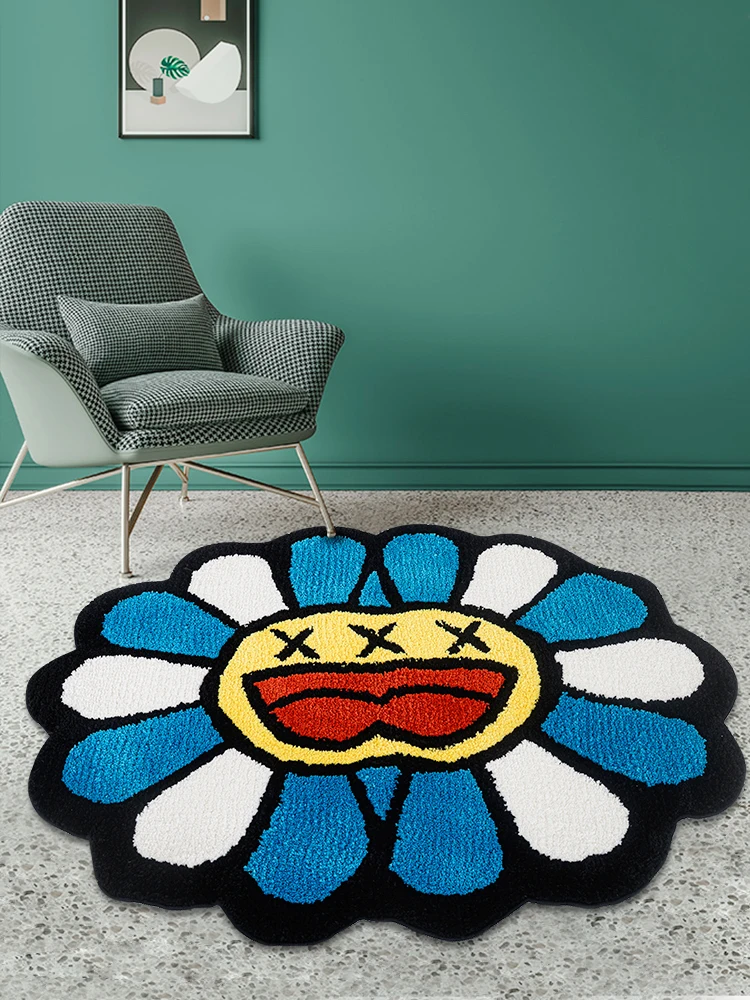 

Double Smiling Face Tufted Rug Flower Art Rug for Bedroom Living Room Pink Blue Rainbow Fluffy Bath Mat Smile Rug Home Decor