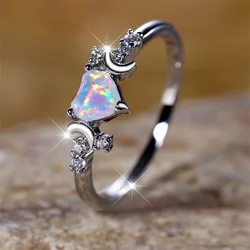 Elegant White Fire Opal Heart Stone Ring in Rose Gold and Silver - Perfect Bridal or Mother's Day Gift - 8 (Silver)