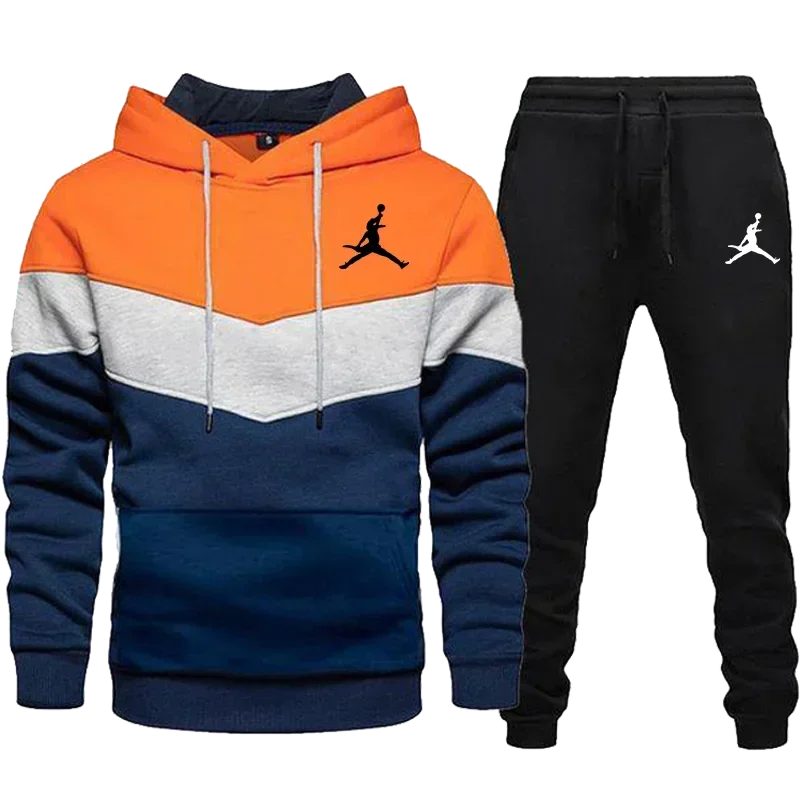 Three-color Patchwork Sweatshirt Suit Autumn Two Piece Set of Two Pieces for Men Hoodie and Pants Suit Men's Long Sleeve Set