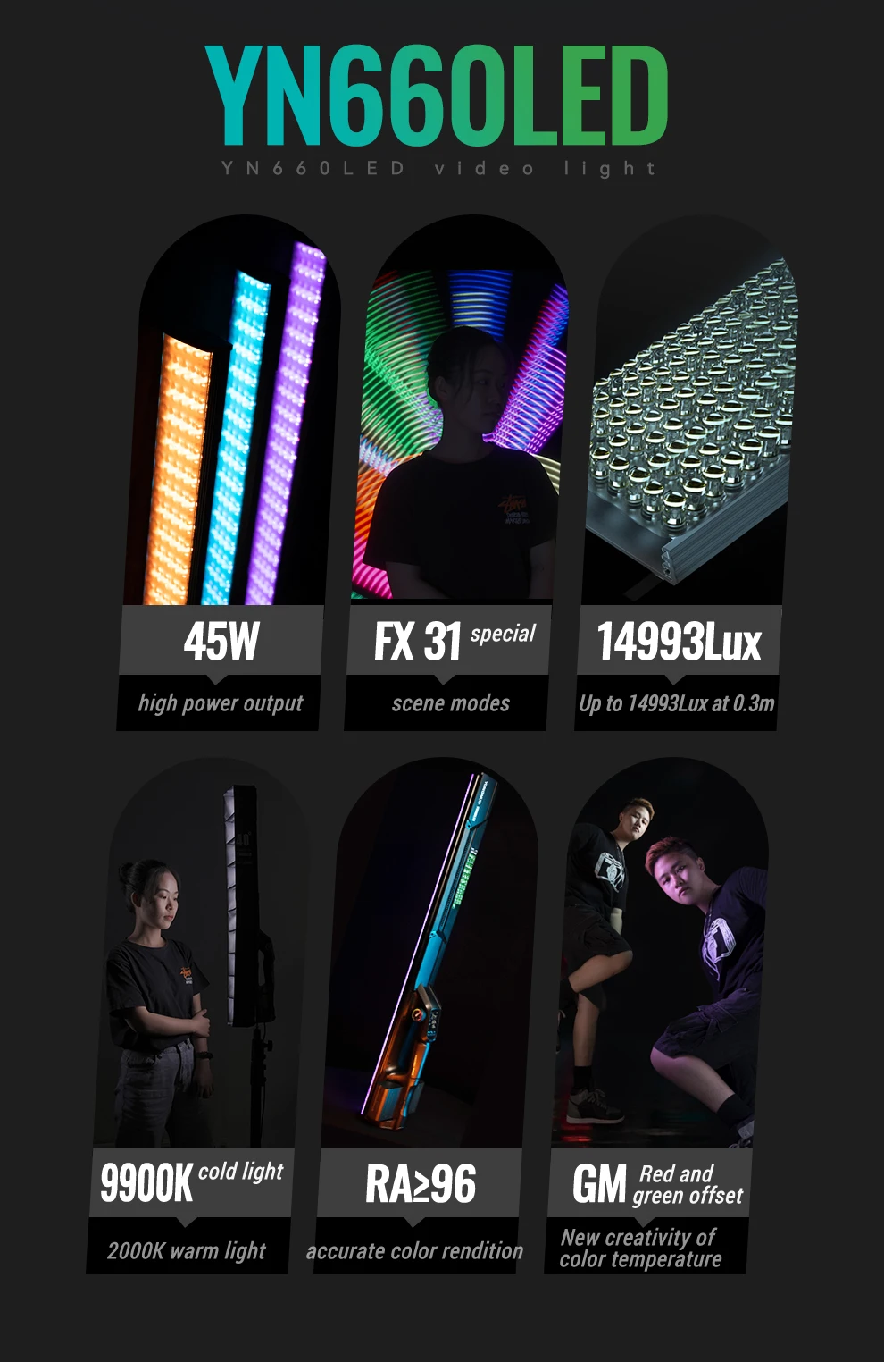 YN660 Handheld LED Video Light Touch Adjusting Bi-color 2000-9900k RGB Color Rem