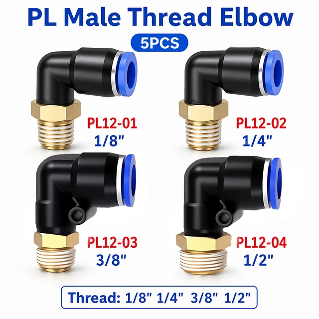 5PCS PL Series Straight Pneumatic Fittings - 12mm Hose to 1/8" 1/4" 3/8" 1/2" Thread Air Pipe Quick Connector for Compressor 1