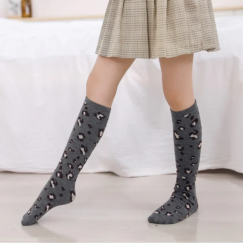 Autumn Winter Girls Knee High Socks Leopard Print Striped Soft Leg Warmers Cotton Long Socks Boys Girls for Children 2-12Y