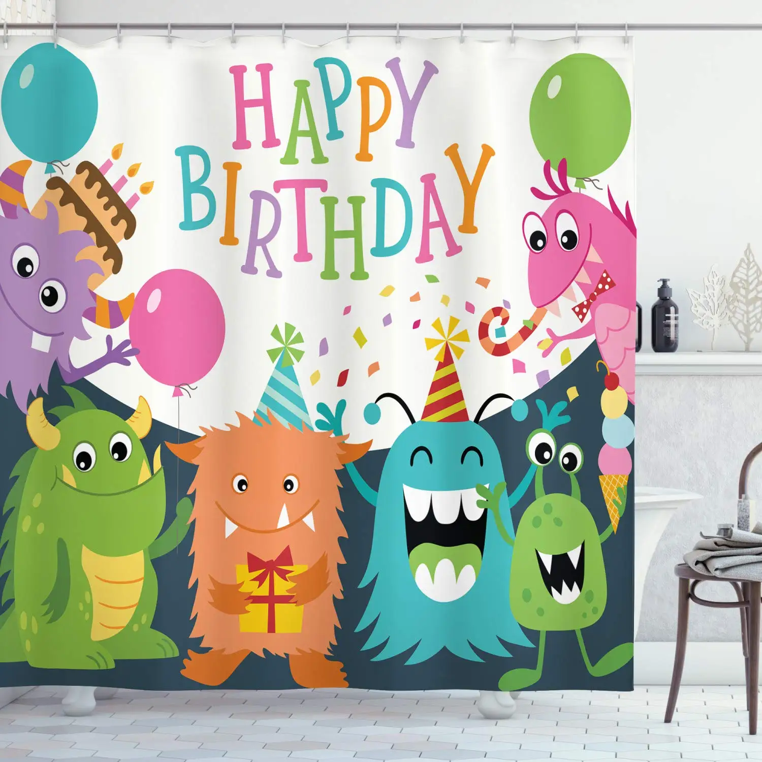 

Birthday Party Shower Curtain Set,Little Monsters The Celebration Cones Rain and Balloons,Polyester Bath Decor Bathroom Curtains