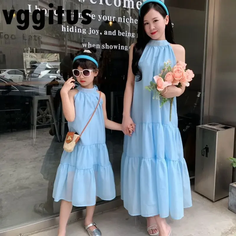 

New Summer Family Matching Dress Beach Vacation Dress Solid Color Halter Shoulderless Mum Daughter Long Loose Dresses H2321