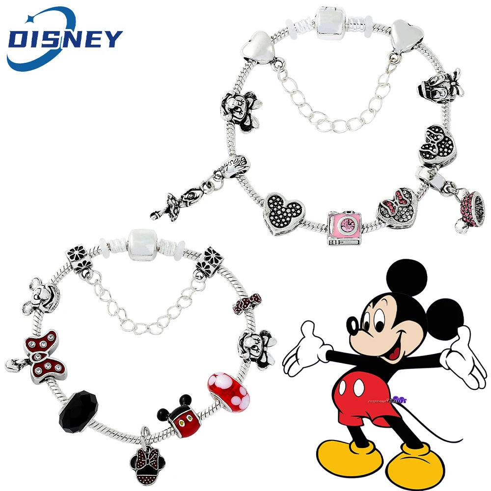 Disney tureMouse-Bracelet à breloques Minnie pour femme, perles faites à la  main, accessoires de bijoux pour filles, bricolage, haute qualité