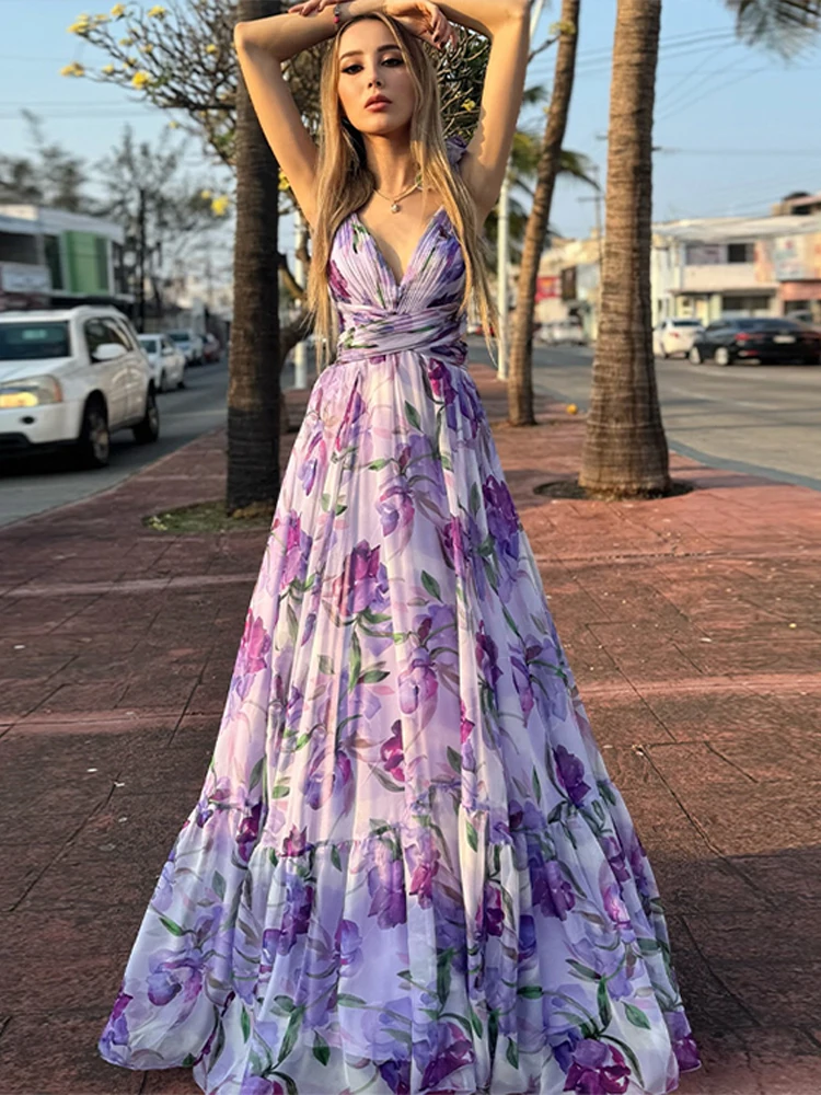 Beach Vacation Print Dress Women 3D Flower V Neck Sleeveless Bandage High Waist A Line Robe Female 2026 Summer New Chic Dresses 5