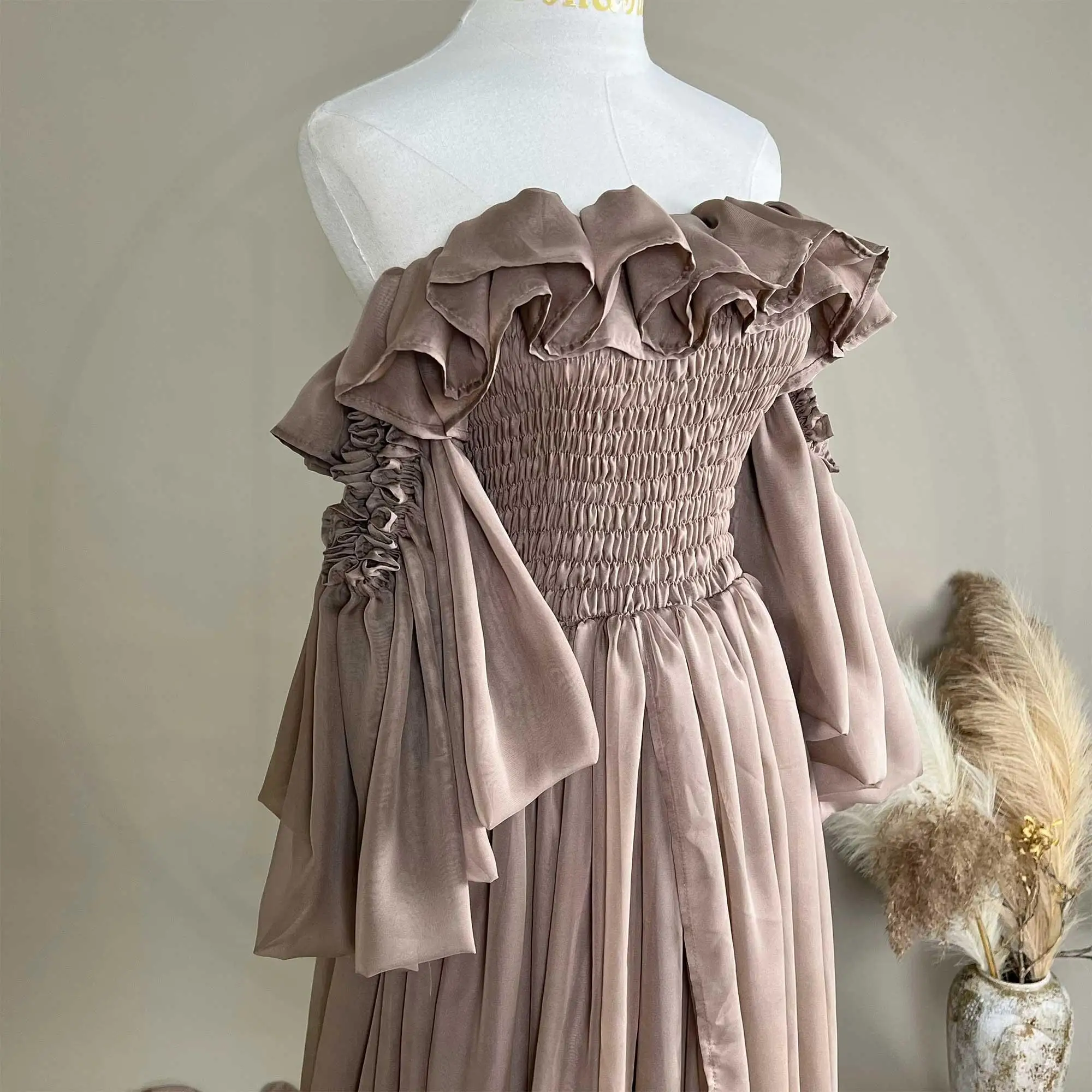 Don&Judy Partykleid für Damen, schulterfreies Kleid, vorne geschlickte Kleidung für schwangere Frauen, Hochzeitskleid für Fotoshootings – Detail 9