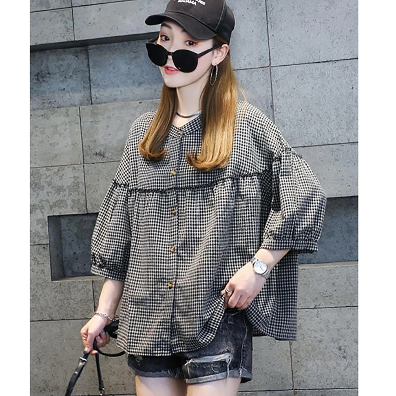 Fashion O-Neck Folds Loose Casual Plaid Shirts Female Clothing 2024 Spring Summer New Oversized Korean Tops All-match Blouses