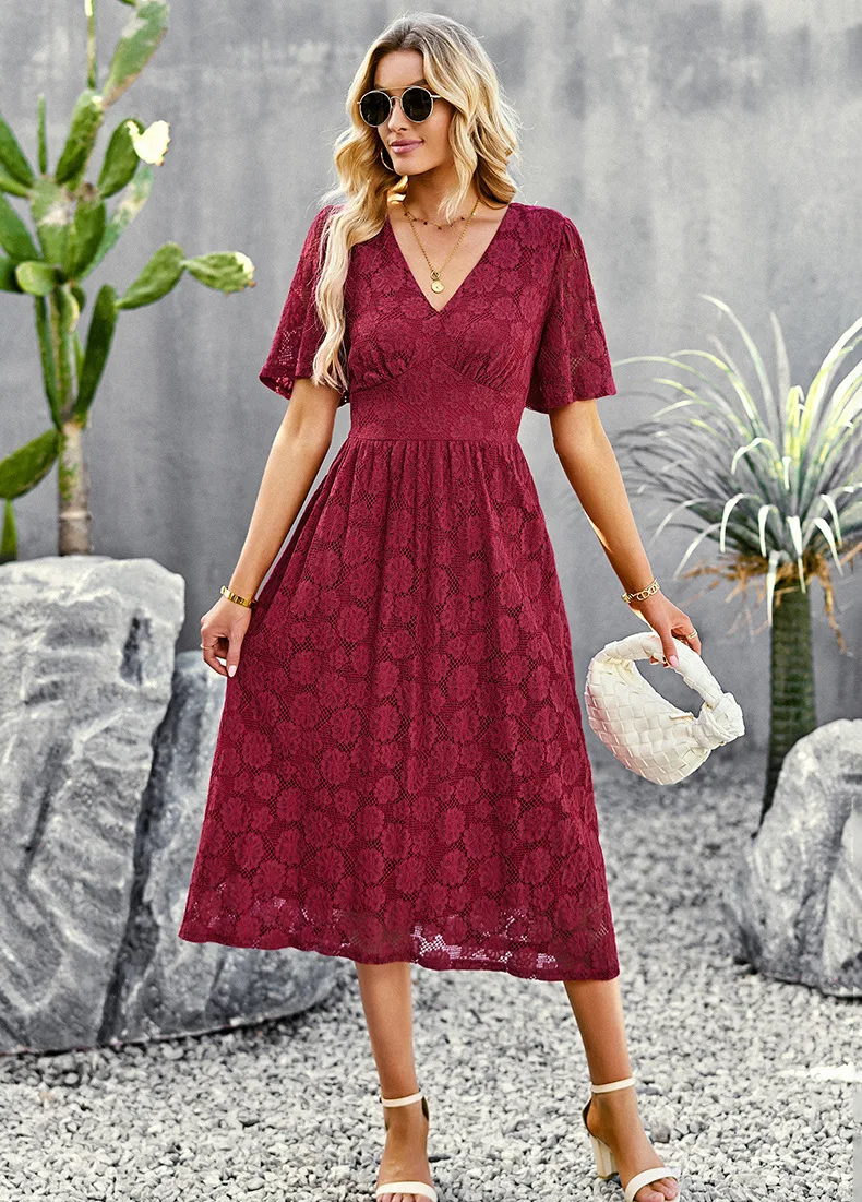 Solid Casual V-Neck Ruffle Short Sleeve Skirt Set