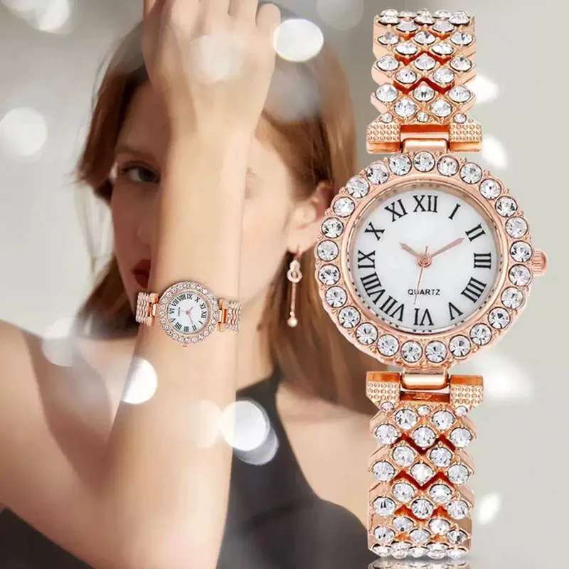 Women's Steel Bracelet Watch Set Crystal Quartz Bracelet Watches Ladies Luxury Brand Diamonds Dial Wristwatch Trendy Watch Clock