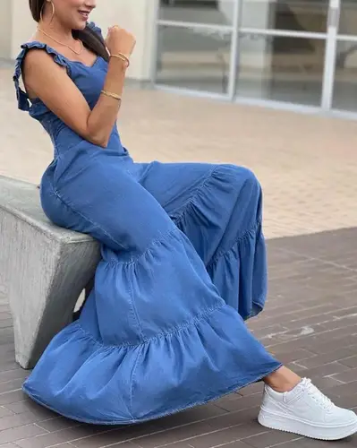여성용 점프 슈트, 2023 여름 패션 민소매 프릴 밑단 셔링 캐주얼 연인 목 플레인 와이드 레그 롱 플레어 레그 점프 슈트 4