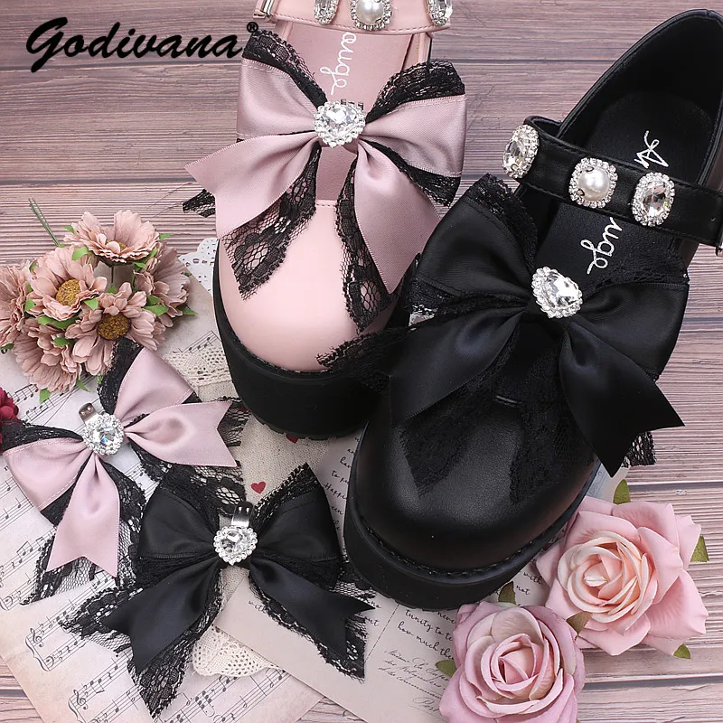 Lolita Handmade Shoes Clip Japanese Style Sweet Heart Shape Rhinestone Big Bow Lace Shoes Clip Women's Shoe Buckle Accessories