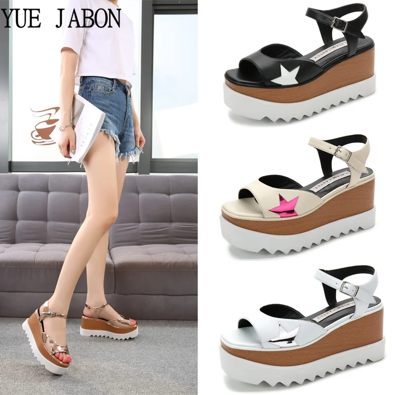 

Wedges Square Toe Women Shoes 8cm Thick Heel Cut out Platform Women Shoes breathable Stars Casual Female Sandals Summer Shoes