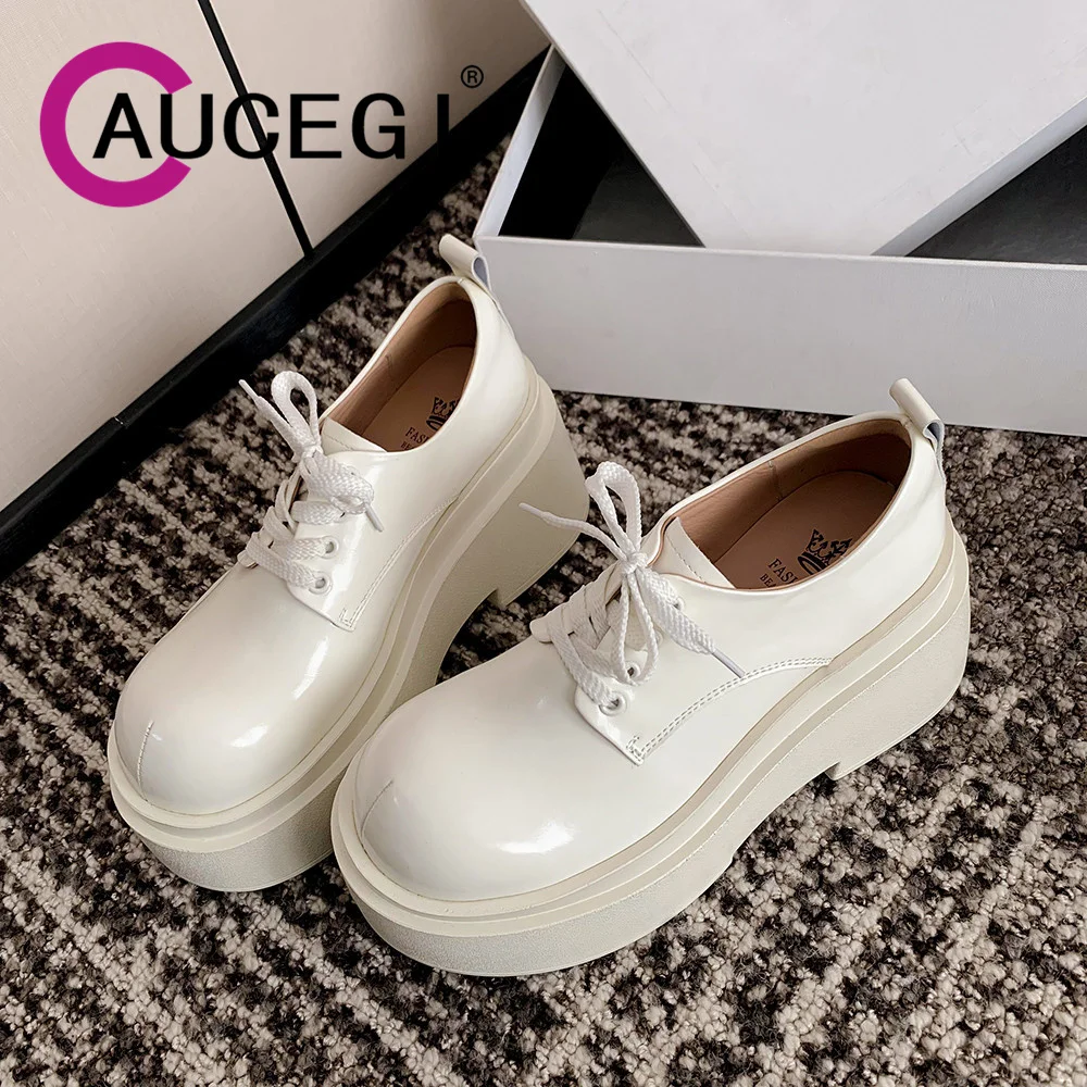 

Aucegi Fashion White Platform Thick Heeled Pumps Women Lace Up Round Toe Genuine Leather Party Commuter Casual Versatile Shoes
