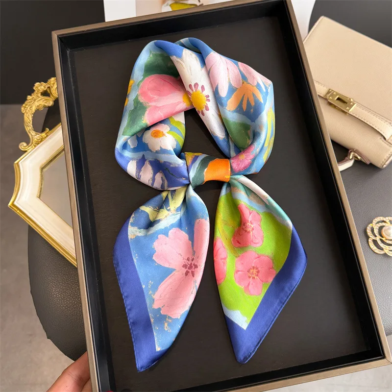 Neues Designer-Bandana aus Seide, quadratischer Schal für Damen, Satin-Tuch, Hijab, Haarband, luxuriöses Kopftuch, 70*70cm, Echarpe – Detail 14