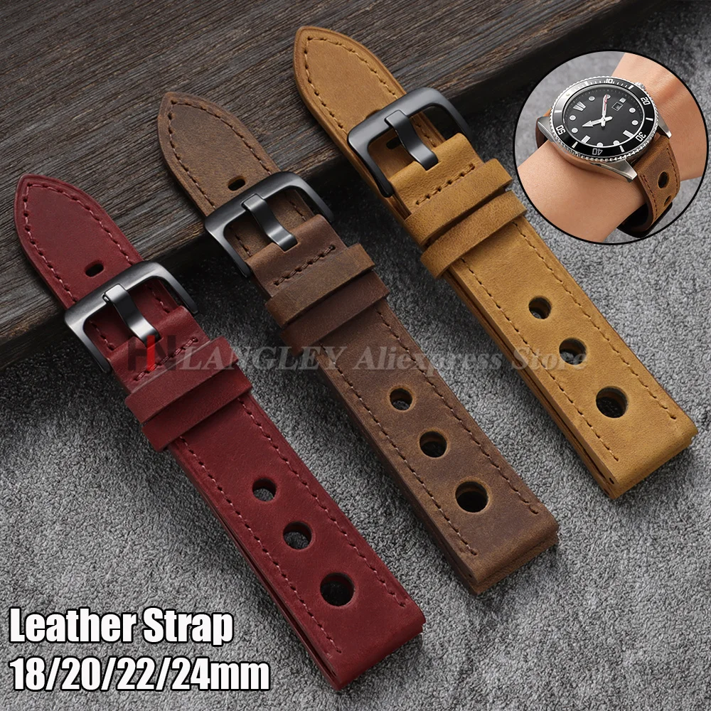 Vintage Genuine Crazy Horse Leather Watch Strap - Retro Porous Design in Multiple Sizes