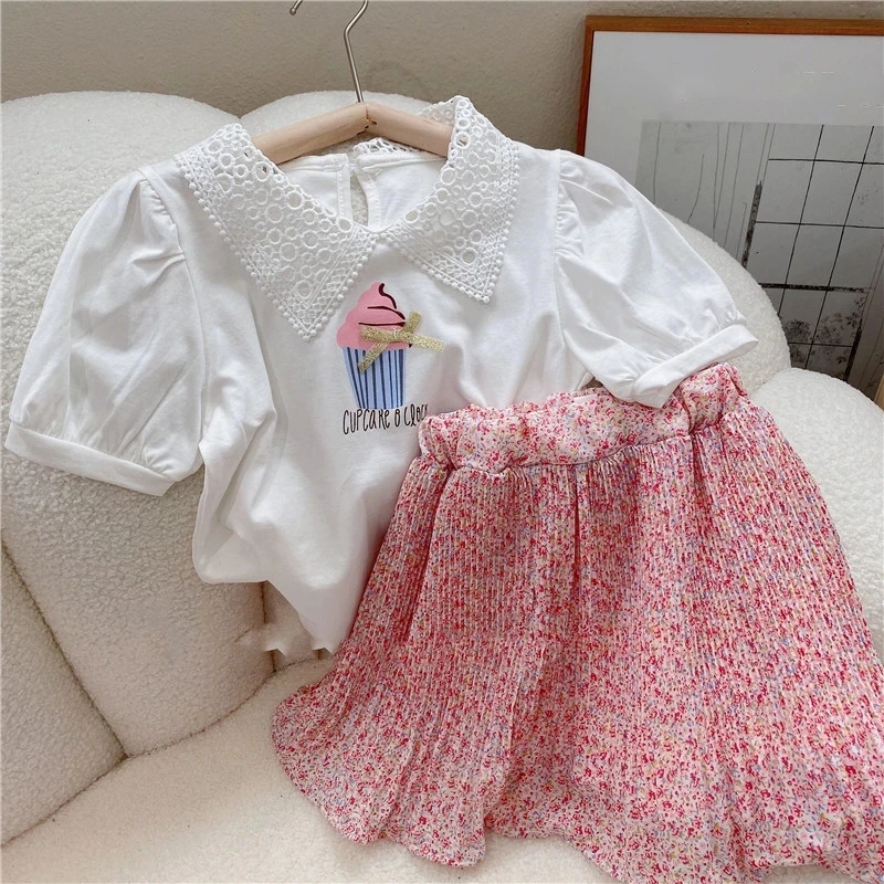 Summer Girls' Clothing Sets Denim Flower Embroidered Lapel Top+Net Yarn Skirt 2PCS Suit Princess Baby Kids Children Clothes kids clothing set girls clothing set