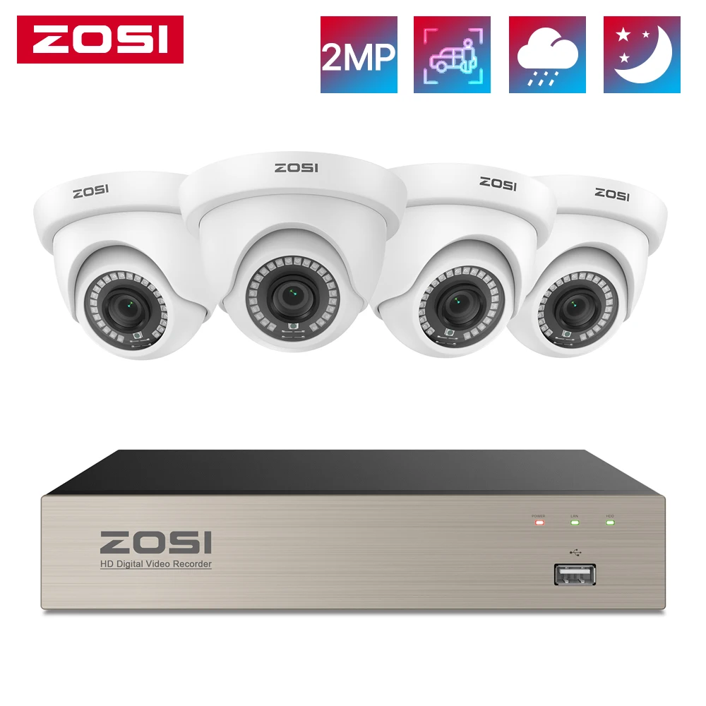 ZOSI 8CH 2MP CCTV Security Camera System with AI Human Vehicle Detection 3K Lite H.265+ DVR 1080p Dome Surveillance Cameras