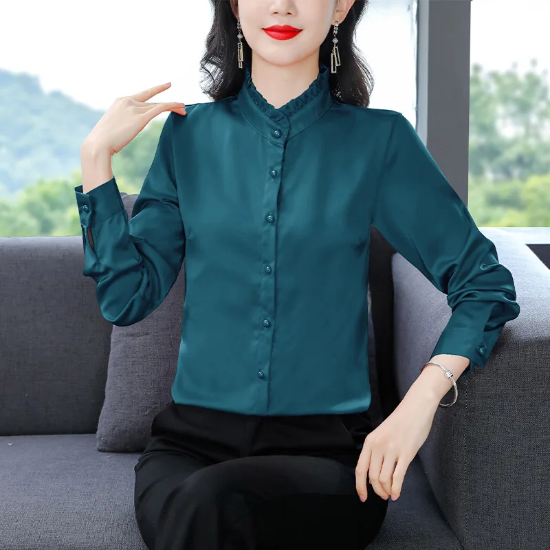 Women Ruffles Solid Fashion Blouse Spring New Casual Temperament Dignified Shirt Office Lady Simple Long Sleeve Tops