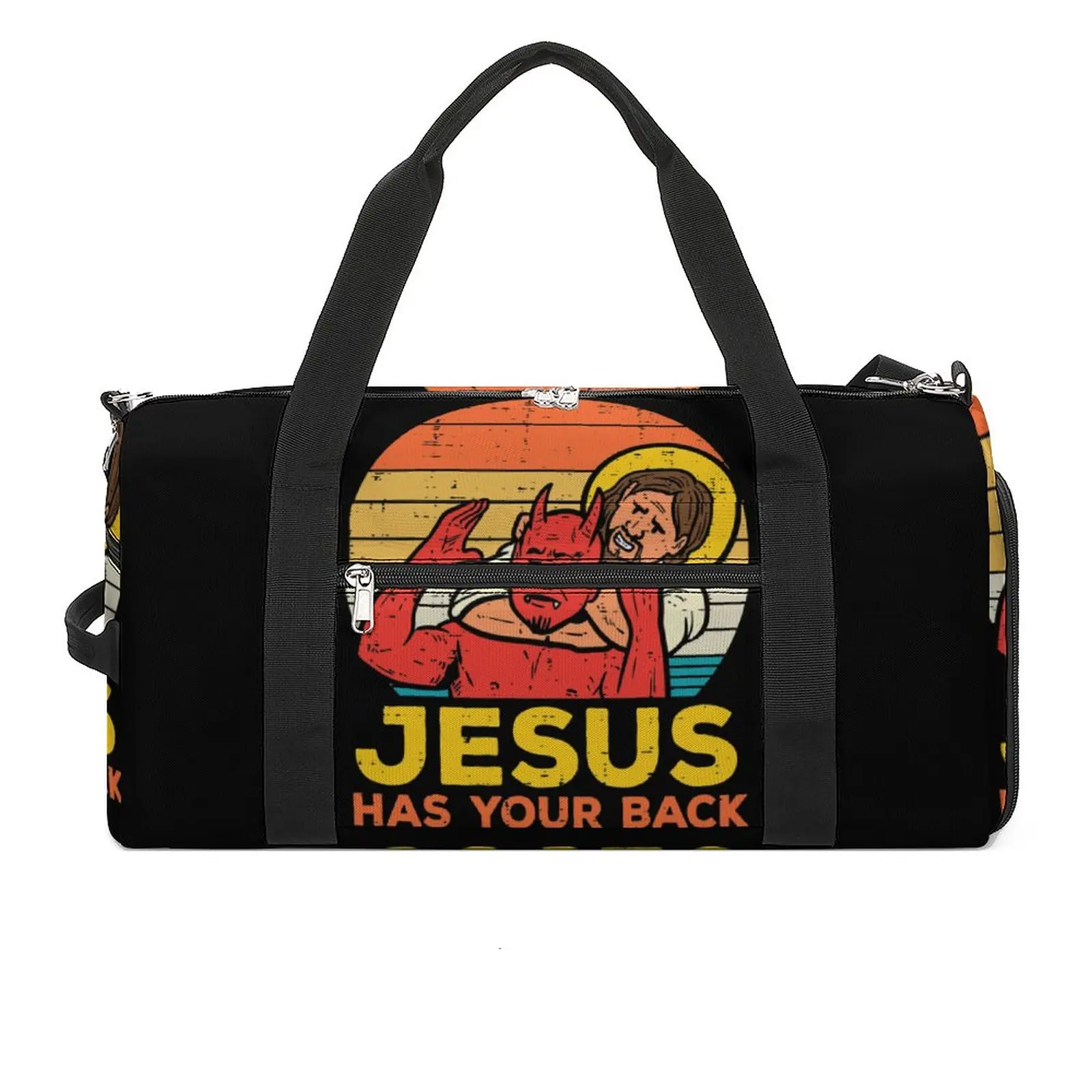 

Jesus Has Your Back Gym Bag Jiu Jitsu Retro Christian Weekend Sports Bags with Shoes Swimming Design Handbag Funny Fitness Bag