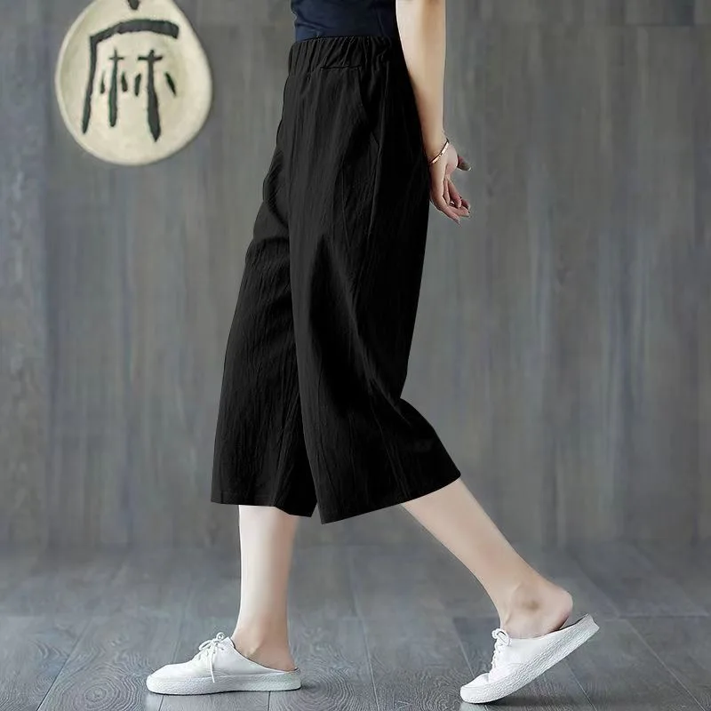 Women's 2024 Summer New Patchwork Elasticized Pocket Fashion Solid Colo Minimalist Comfortable Straight Cotton Hemp Casual Pants