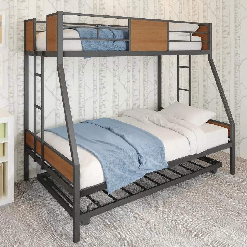 Twin Over Full Bunk Beds with Trundle Bed,Heavy Duty Metal Bed Frame with Safety Rail 2 Side Ladders for Boys Girls Adults