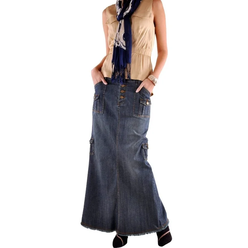 Summer Women Denim Skirts Elegant Vintage Back Slit Casual Pocket Female Fashion Solid Package Buttocks Plus Size Long Skirts summer pleated half skirt with 100 pleats graffiti fashion wrap buttocks skirt half korean style long skirt