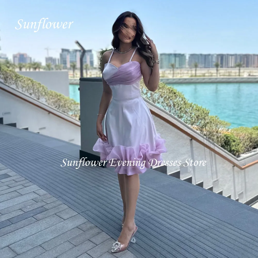 

Sunflower Sweetheart Spaghetti Strap Prom Gown A-LINE Evening Dress Slim Satin Ruffles Party Dress 2023 Knee-Length Customized