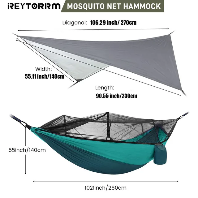 260x140cm Outdoor Double Camping Hammock with Mosquito Net and Rain Fly Tarp Lightweight Parachute Hammocks for Travel Hiking 2