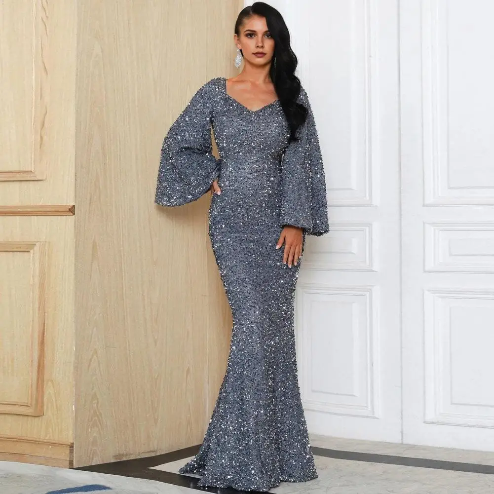 Women Party Dress Sequin A-line Bell Sleeves Evening Dress Slim Fit Low-cut  V Neck Back Zipper Closure Prom Dress For Wedding