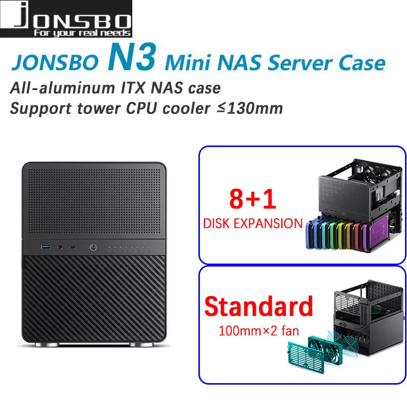 JONSBO N4 N3 N2 N1 Mini NAS Case ITX Mini Aluminum with Steel Plate Support 130mm CPU Cooler Two 100×25mm fan are standard