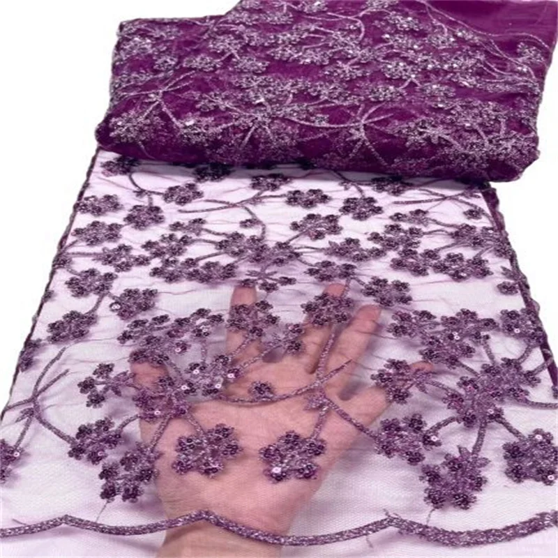 

Green Sequins African Lace Fabric 2023 purple High Quality Nigerian French Tulle Lace Fabric Sequined Mesh For Wedding Sew