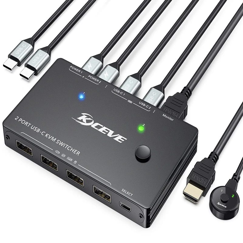 

KCEVE USB Type-C KVM Switch 2 In 1 Out 4K USB HDMI KVM Switch Support PD Charg for 2 Computers Share 1 Monitor and 4 USB Devices