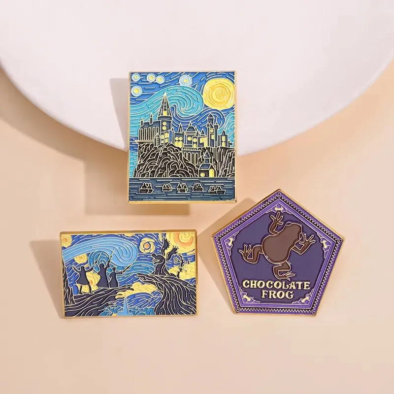 Alfileres de esmalte de escuela mágica de noche estrellada, broches de Castillo de mago de bruja personalizados, insignias de solapa, joyería Punk, regalo para fanáticos y amigos