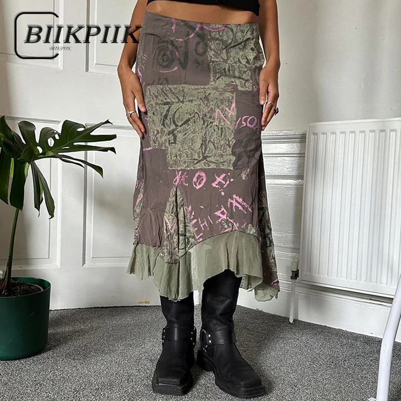 BIIKPIIK Vintage Print Irregular Women Skirt Fashion Mesh Patchwork Skirt Sexy Casual Letter Contrasting Slim Fit Bottom Clothes