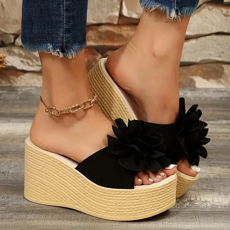 Aphixta Green Baby Pink New 3.54 Inch Hight Wedge Heels Appliques Flowers Platform Slides Women — view 3