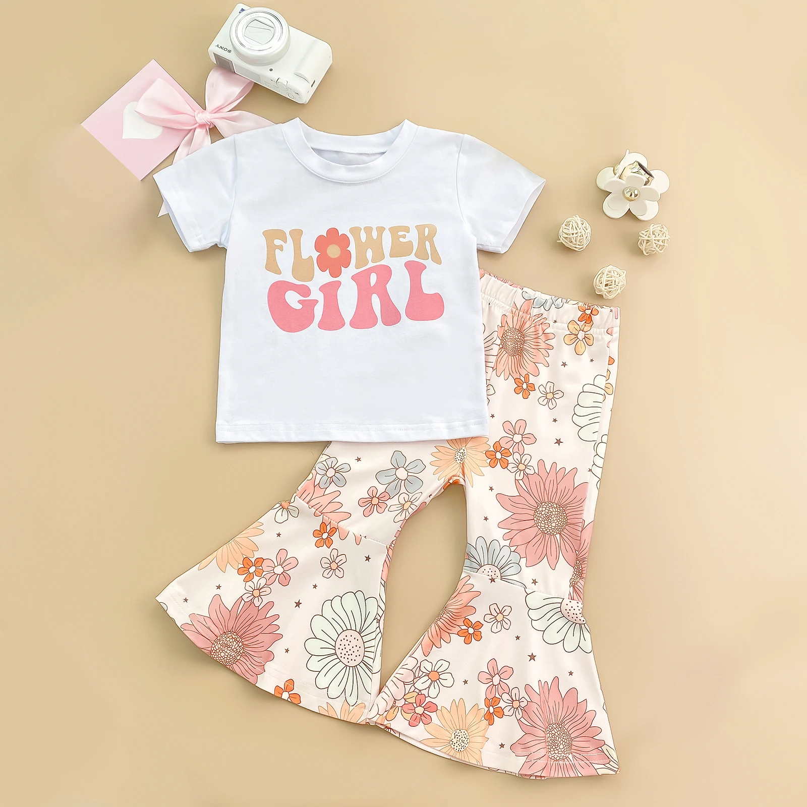 

Kids Baby Girls Summer Outfits Letter Print Short Sleeve T-shirt and Elastic Floral Flare Pants Set