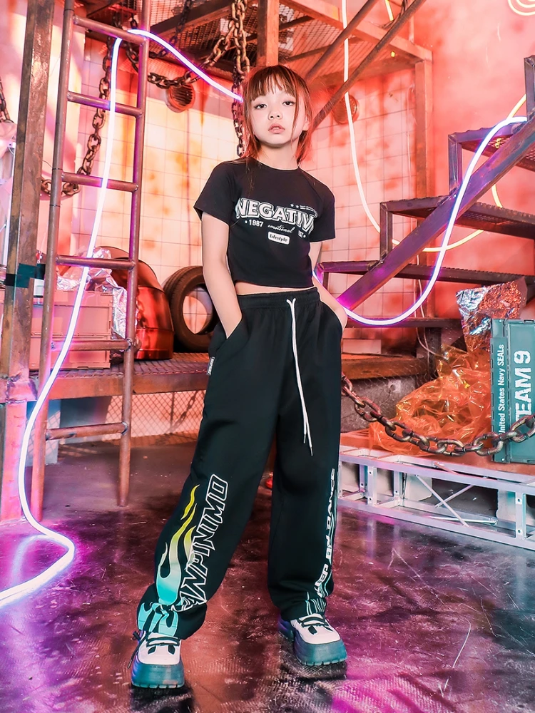 

New Children Hip Hop Street Dance Clothing Black T Shirt Baggy Pants Teenage Girls Group Kpop Jazz Dance Performance Costume