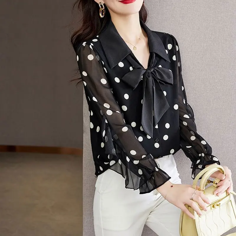 Commute Polka Dot Printed Shirt Casual Ruffles Spliced Female Clothing Single-breasted Spring Polo-Neck Drawstring Bow Blouse