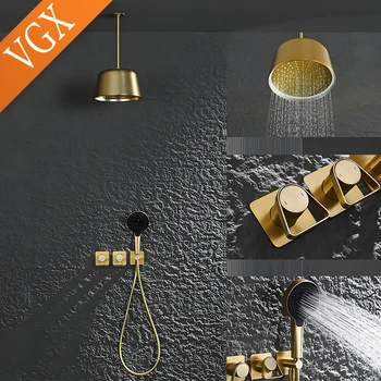 VGX ปกปิดชุดฝักบัว Luxury Gold ชุดฝักบัวอาบน้ําทองเหลืองชุดฝักบัวอาบน้ําชุดก๊อกน้ําสีเทา Chrome 1