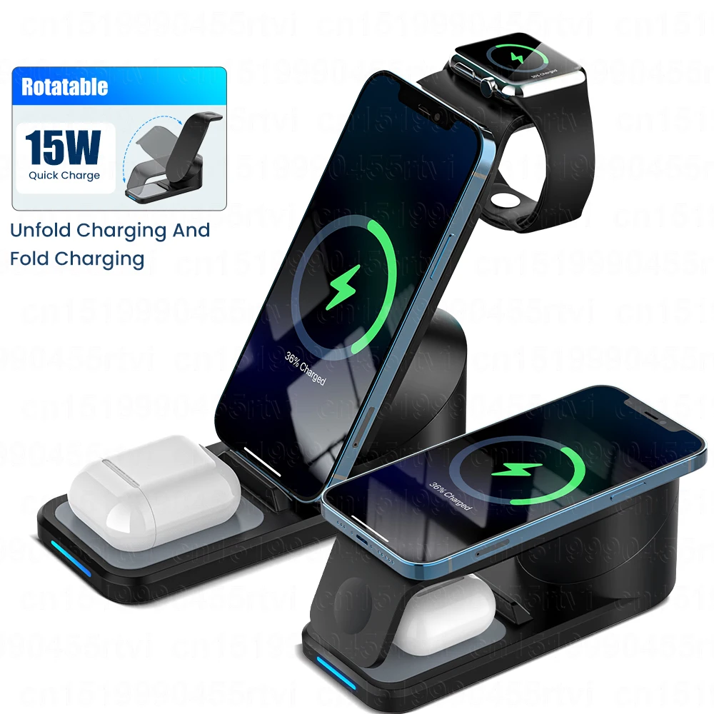 

15W Qi Wireless Charger Stand For iPhone 11 12 Foldable Charging Dock Station 3 In 1 Fast Wireless Charger For Apple Watch